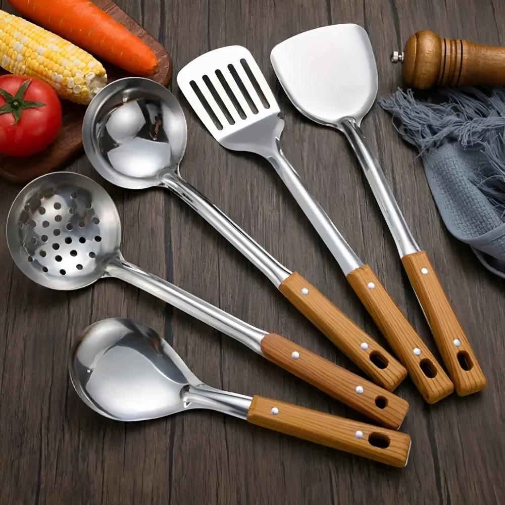 Premium Kitchen Utensil Set with Stainless Steel and Wood Handle