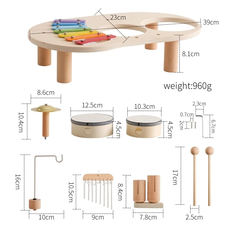 6-in-1 Montessori Wooden Musical Instrument Set - Music Table with Colorful Xylophone, Natural Wood, No Batteries Needed, Safe for Ages 2+