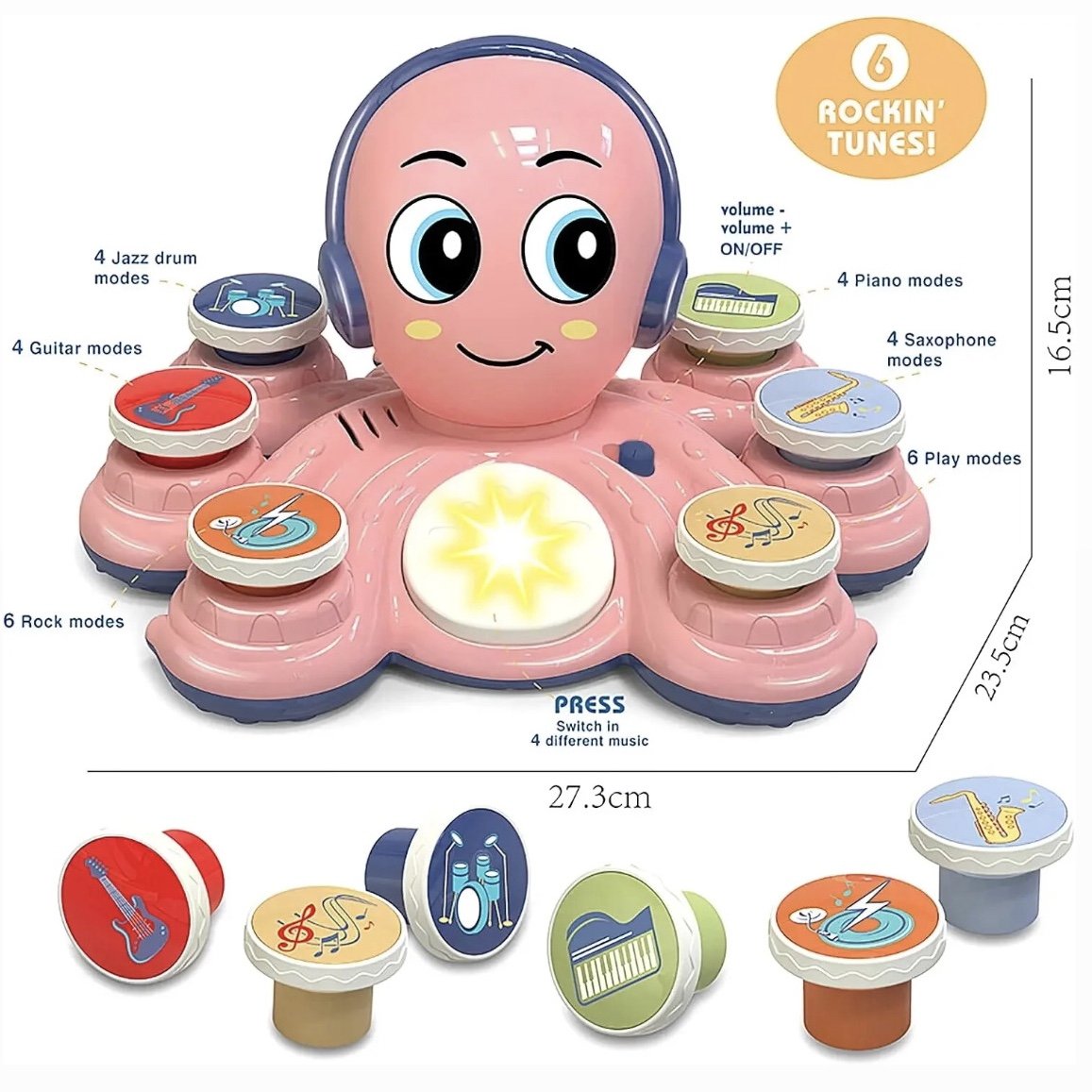 Octopus Musical Toy with 6 Music Buttons and 28 Sound Effects, Safe for Ages 18+ Months