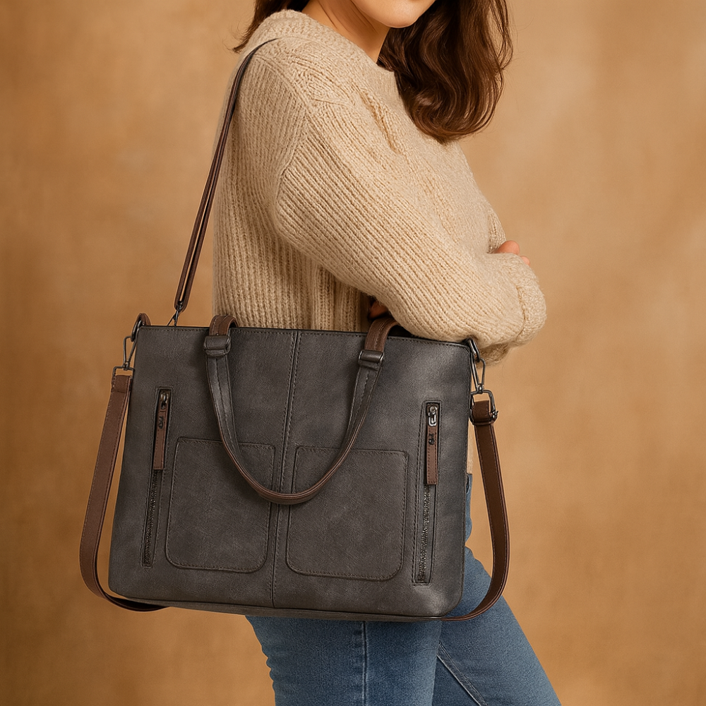 Stylish Women's Leather Tote Shoulder Bag Multiple Pockets