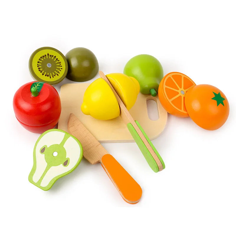 Wooden Fruit Vegetable Toys with Multiple, Cuttable Pieces, Simulating Kitchen - Safe for Ages 3+