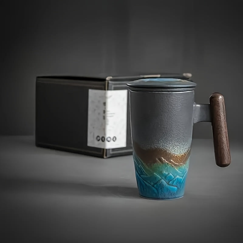 Vintage Style Ceramic Tea Mug with Infuser and Wood Handle