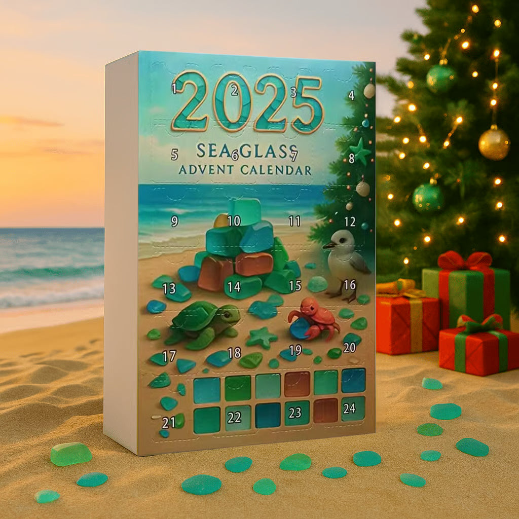 2025 Sea Glass Advent Calendar with beach and Christmas tree background