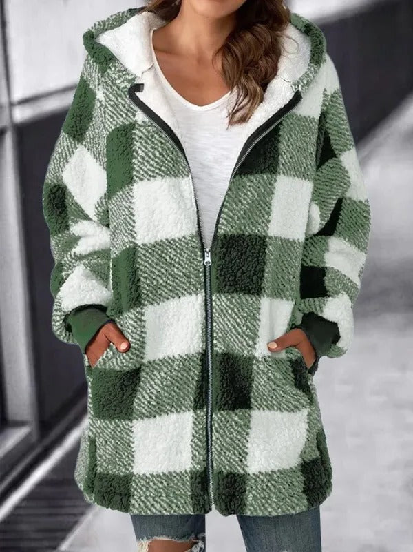 Relaxed Fit Plaid Hooded Coat for Women