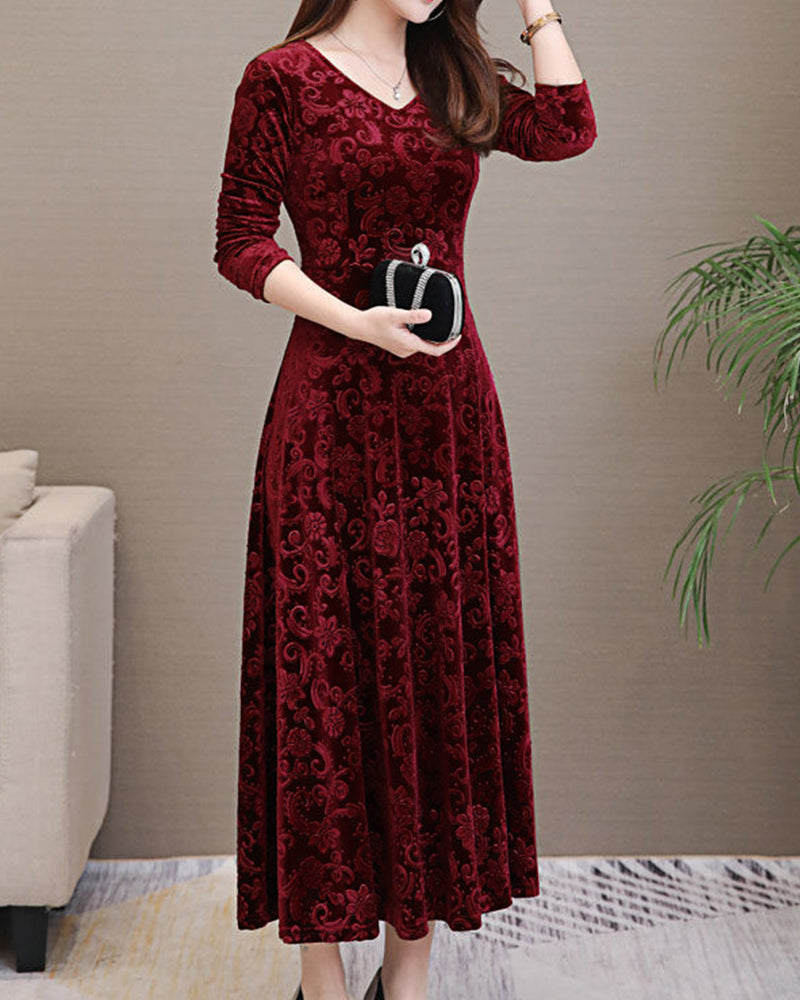 Luxurious Soft V Neck Midi Dress Long Sleeve