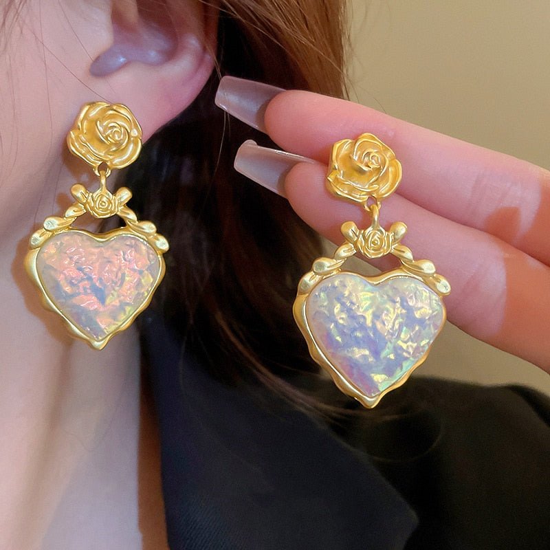 Pretty Pink Flower Heart Drop Earrings - Halri