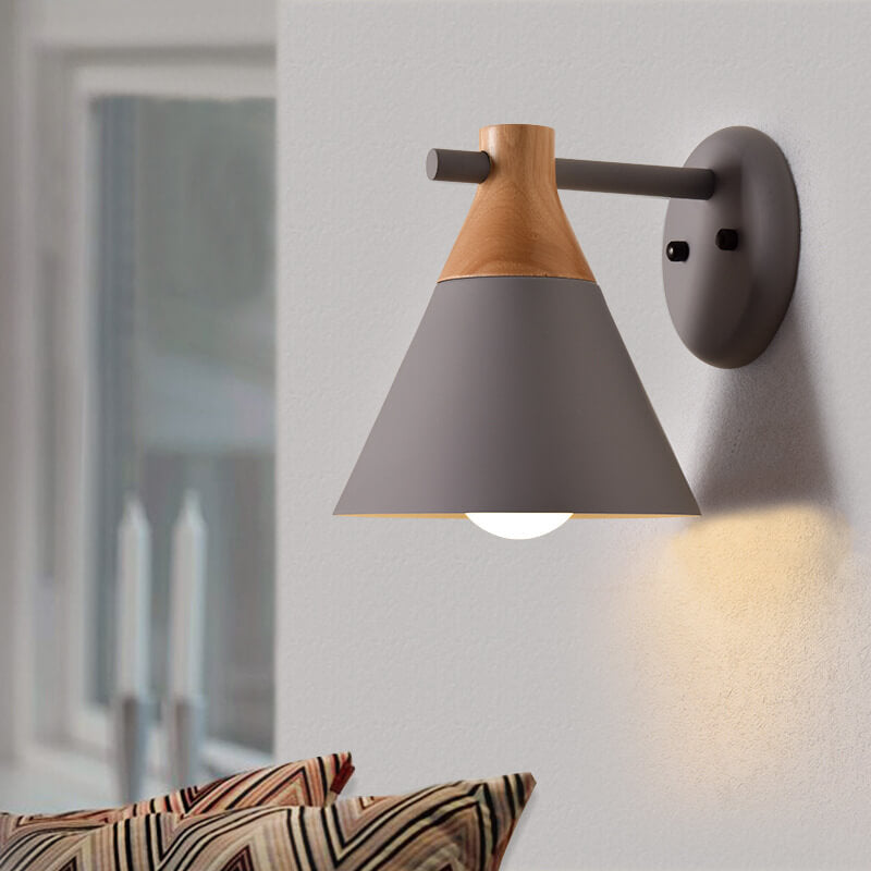 Rustic Wood LED Wall Light – Contemporary Cone Shade Sconce - Halri