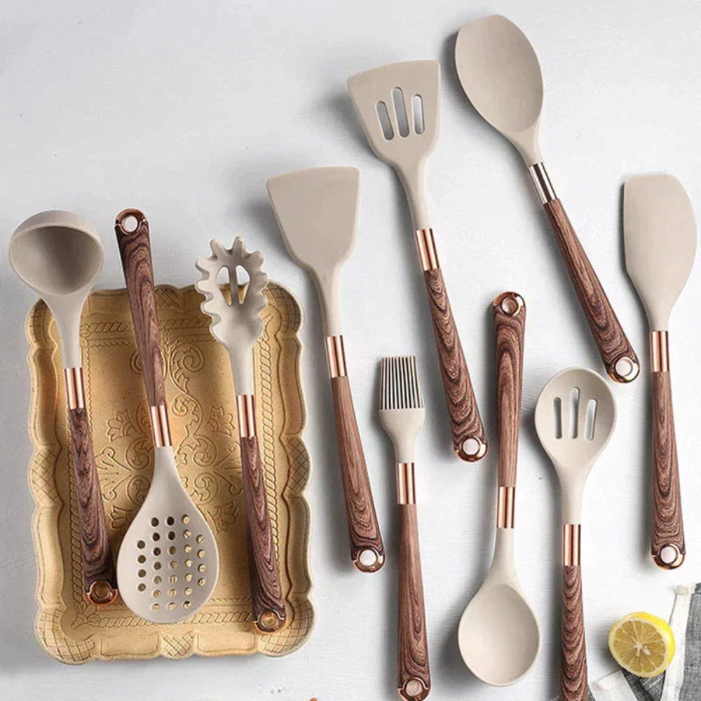 10-Piece Silicone Kitchen Utensil Set with Non-Slip Wooden Handles – Heat Resistant Cooking Utensils for Kitchenware 1
