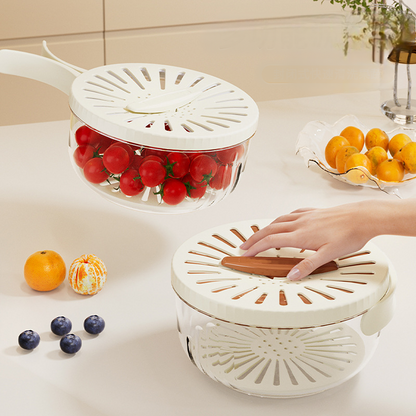 White kitchen colander with tomatoes on a countertop