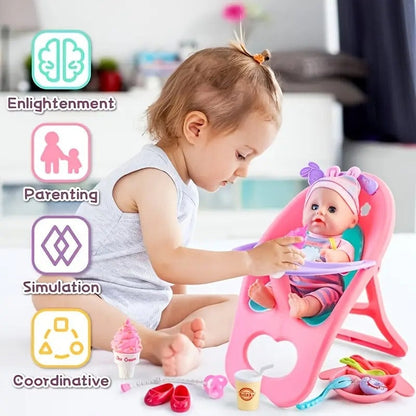 12" My First Baby Doll 15 Pcs Play Set With High Chair, Dollhouse Decoration, Compact Design, Safe for Ages 5+