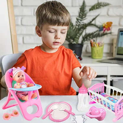 12" My First Baby Doll 15 Pcs Play Set With High Chair, Dollhouse Decoration, Compact Design, Safe for Ages 5+