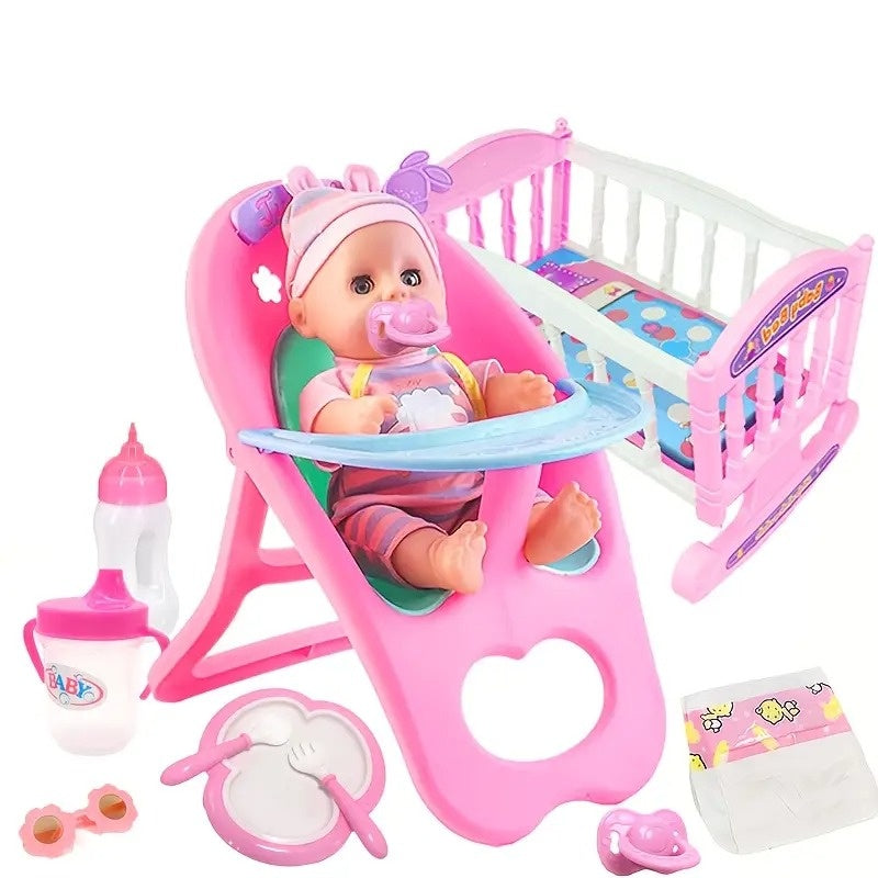 12" My First Baby Doll 15 Pcs Play Set With High Chair, Dollhouse Decoration, Compact Design, Safe for Ages 5+