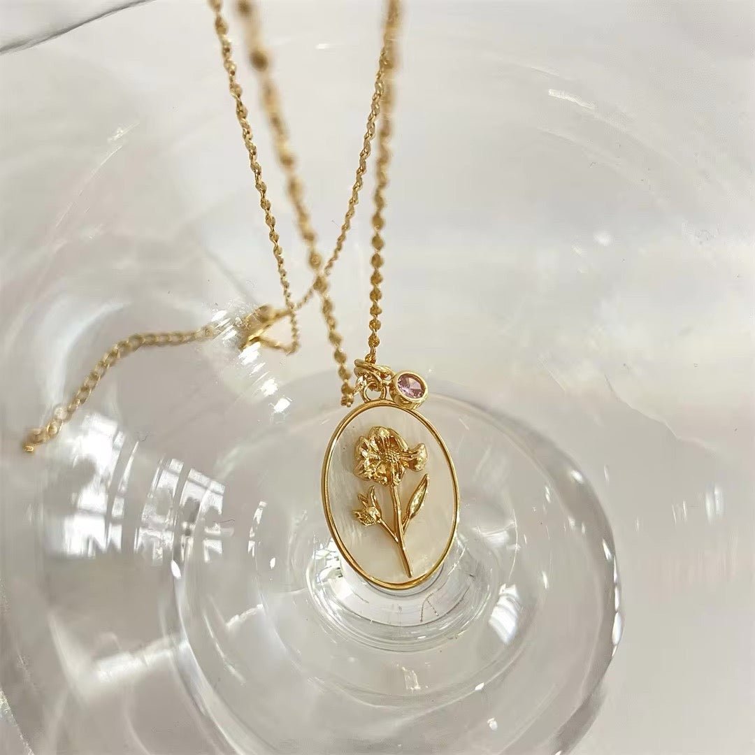 Delicate Birthstone Flower Pendant Necklace 14k Gold