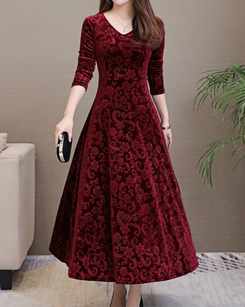 Luxurious Soft V Neck Midi Dress Long Sleeve - Halri