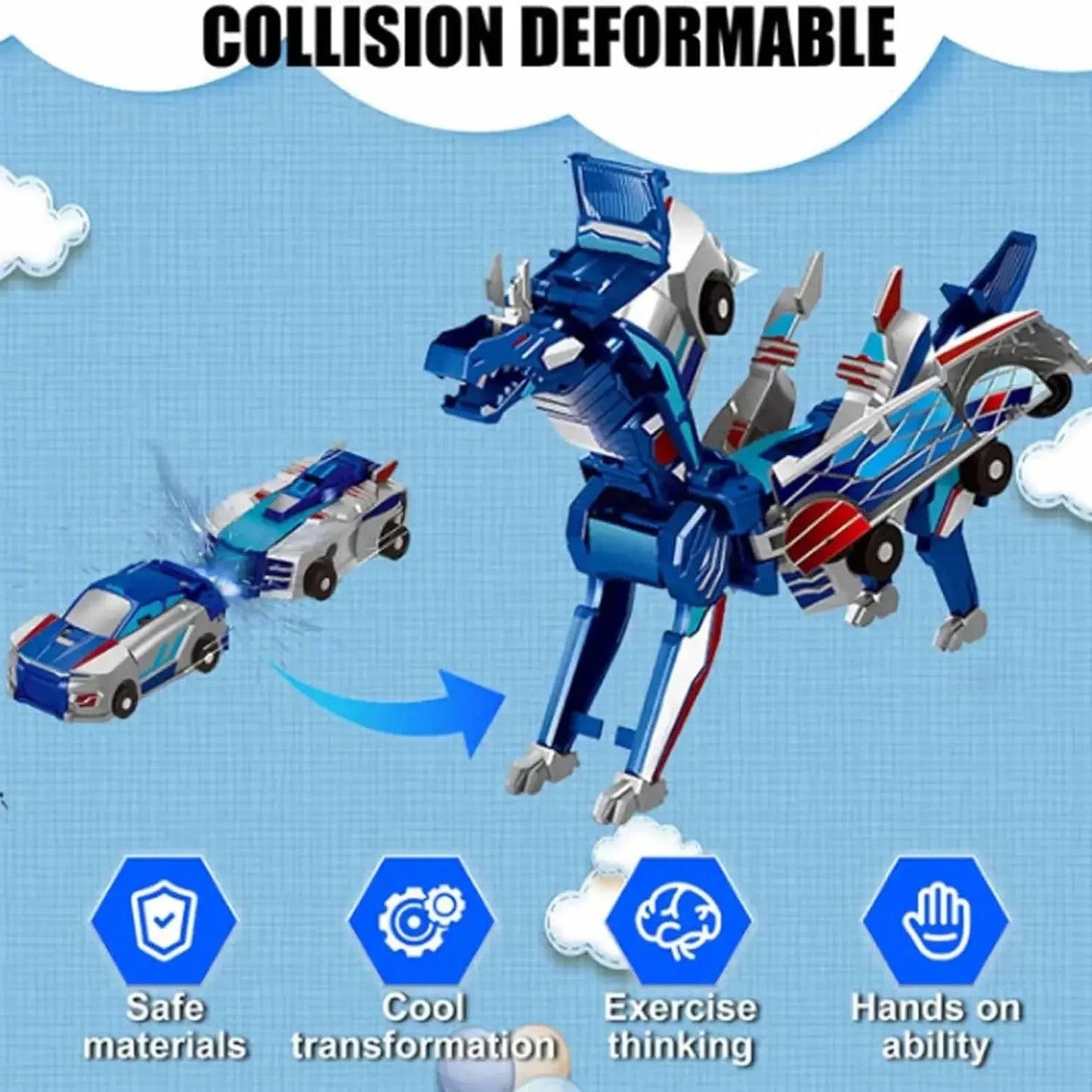 2-in-1 Collision Transforming Dinosaur Car with Automatic Collision Transformation, Manual Play, Safe for Ages 3+