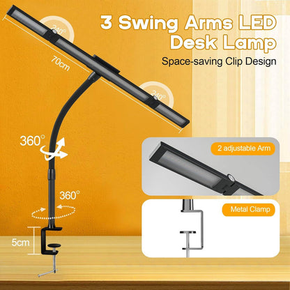 24W Triple-Head LED Desk Lamp with Clamp, Auto-Dimming, and 360° Flexible Gooseneck Design for Office and Home