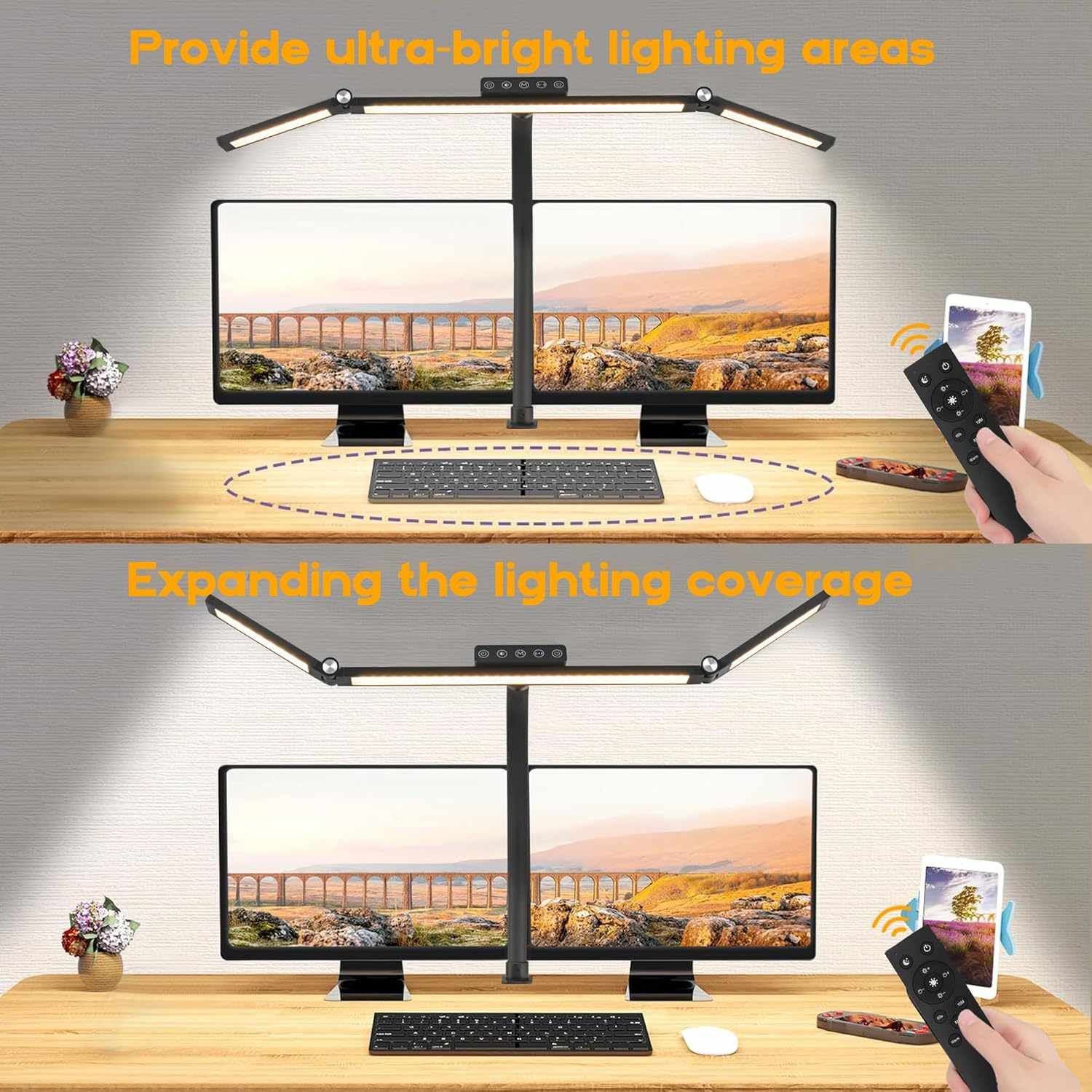 24W Triple-Head LED Desk Lamp with Clamp, Auto-Dimming, and 360° Flexible Gooseneck Design for Office and Home