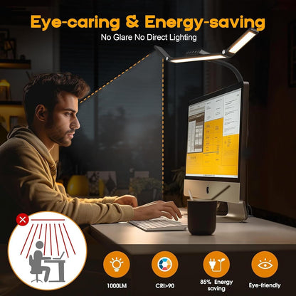24W Triple-Head LED Desk Lamp with Clamp, Auto-Dimming, and 360° Flexible Gooseneck Design for Office and Home