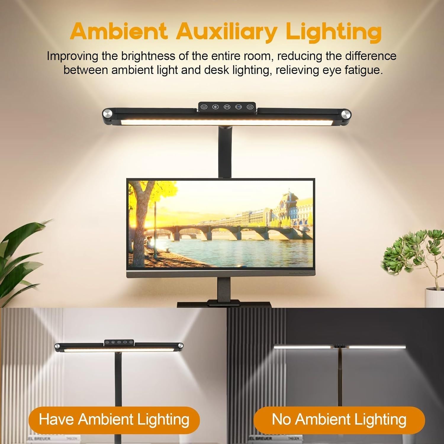 24W Triple-Head LED Desk Lamp with Clamp, Auto-Dimming, and 360° Flexible Gooseneck Design for Office and Home
