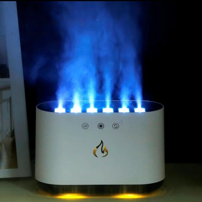 White electronic device with blue flames on a dark background
