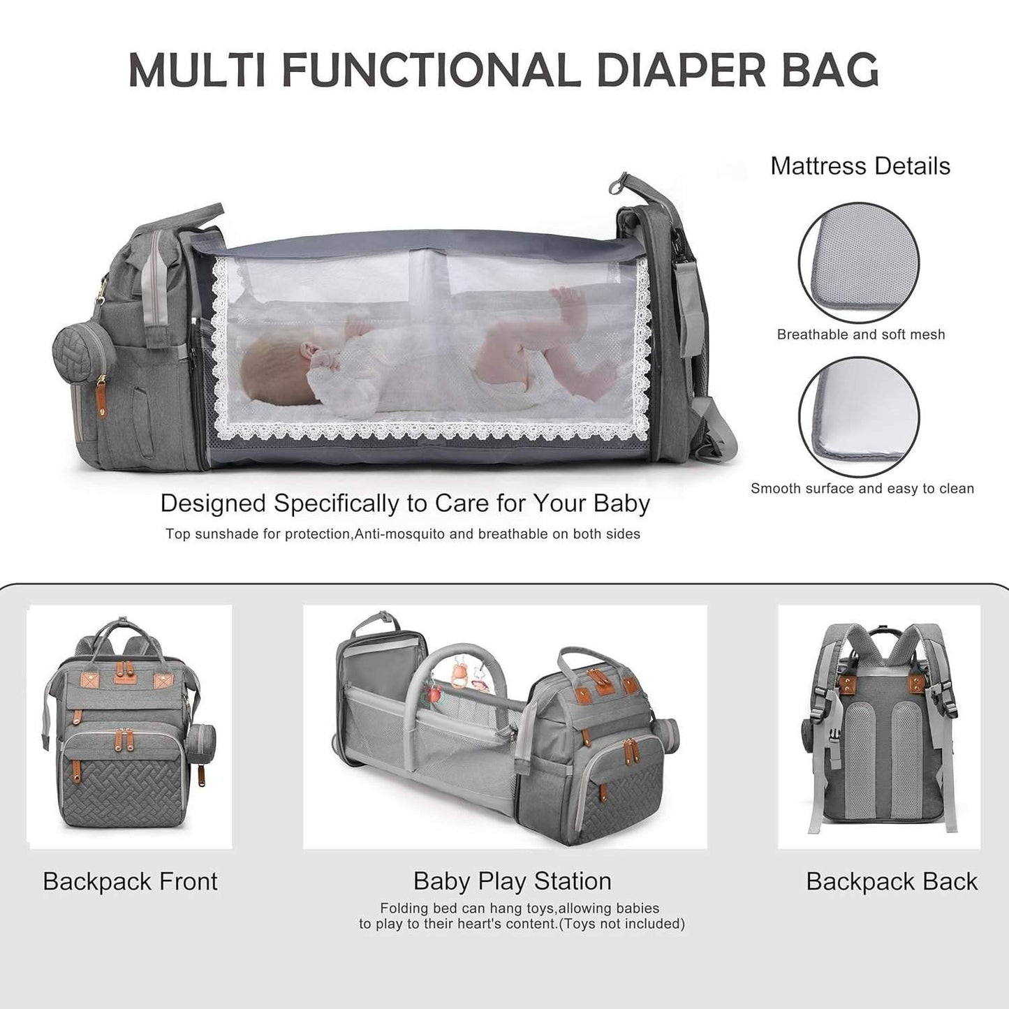 3-in-1 Diaper Bag Backpack with Foldable Baby Bed & USB Charging Port – Waterproof Travel Bag with Changing Station