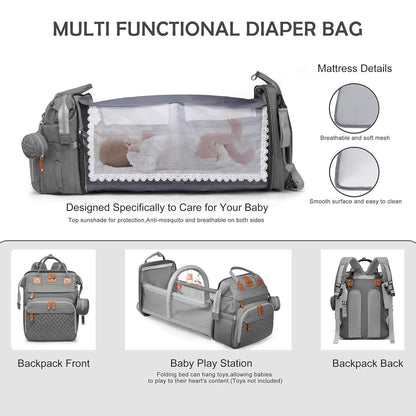 3-in-1 Diaper Bag Backpack with Foldable Baby Bed & USB Charging Port – Waterproof Travel Bag with Changing Station