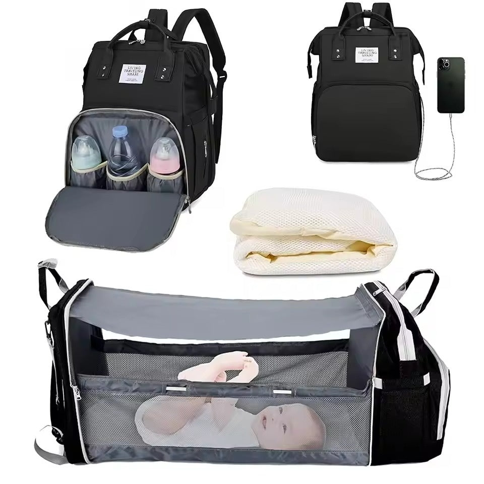 3-in-1 Diaper Bag Backpack with Foldable Baby Bed & USB Charging Port – Waterproof Travel Bag with Changing Station
