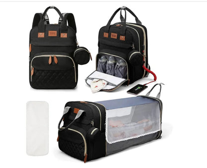 3-in-1 Diaper Bag Backpack with Foldable Baby Bed & USB Charging Port – Waterproof Travel Bag with Changing Station