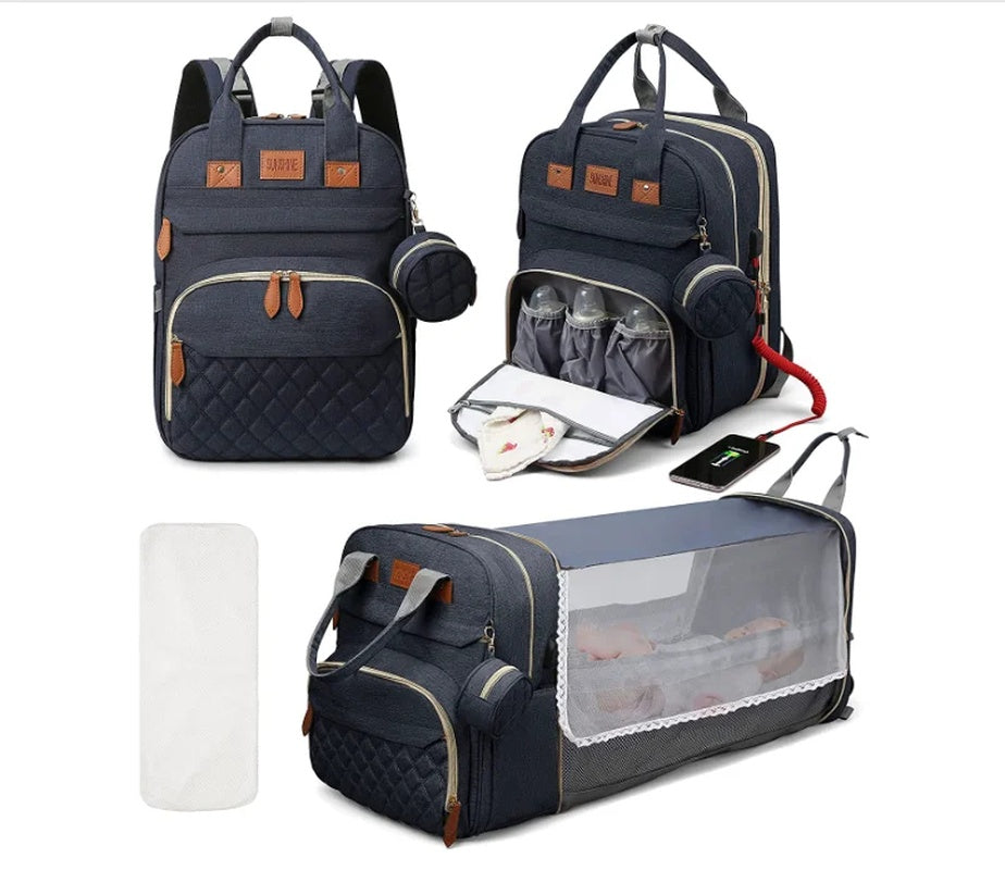 3-in-1 Diaper Bag Backpack with Foldable Baby Bed & USB Charging Port – Waterproof Travel Bag with Changing Station