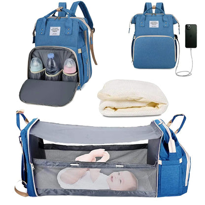 3-in-1 Diaper Bag Backpack with Foldable Baby Bed & USB Charging Port – Waterproof Travel Bag with Changing Station