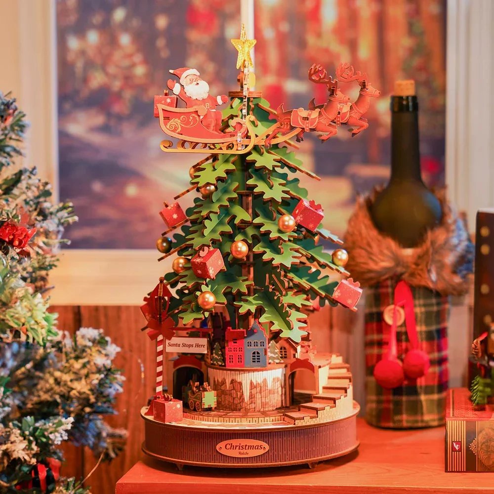 3D Wooden Christmas Tree Music Box with Featuring an Enchanting Holiday Scene, LED Lights, Moving Train, Safe for Ages 14+