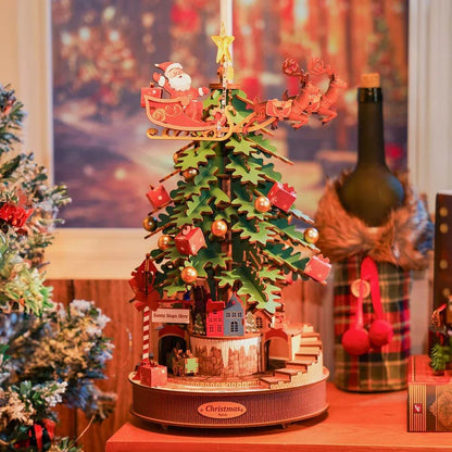 3D Wooden Christmas Tree Music Box with Featuring an Enchanting Holiday Scene, LED Lights, Moving Train, Safe for Ages 14+