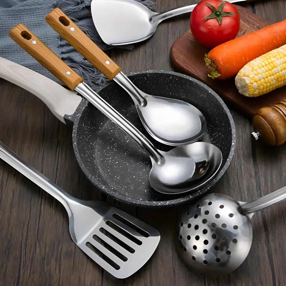 Premium Kitchen Utensil Set with Stainless Steel and Wood Handle