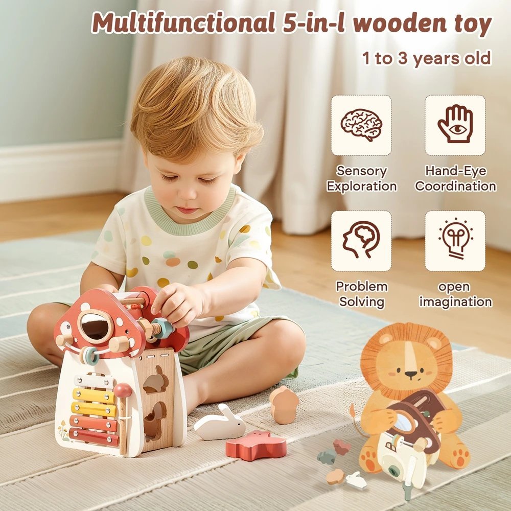 5-in-1 Montessori Mushroom Wooden Musical Toy with Xylophone, Fine Motor Activities, Pull Strap & Whimsical Design, Safe for Ages 1+