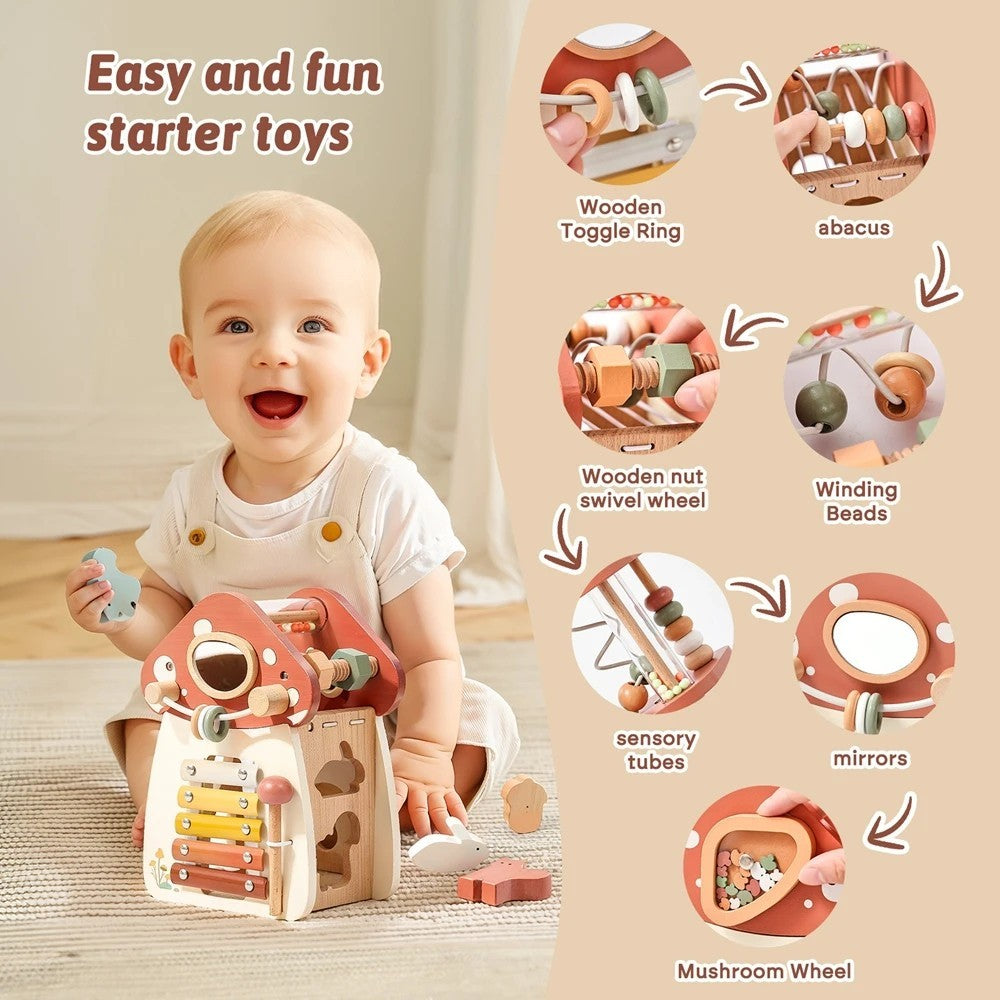 5-in-1 Montessori Mushroom Wooden Musical Toy with Xylophone, Fine Motor Activities, Pull Strap & Whimsical Design, Safe for Ages 1+