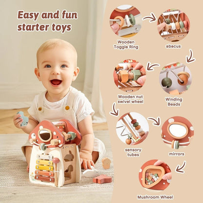 5-in-1 Montessori Mushroom Wooden Musical Toy with Xylophone, Fine Motor Activities, Pull Strap & Whimsical Design, Safe for Ages 1+