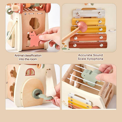 5-in-1 Montessori Mushroom Wooden Musical Toy with Xylophone, Fine Motor Activities, Pull Strap & Whimsical Design, Safe for Ages 1+