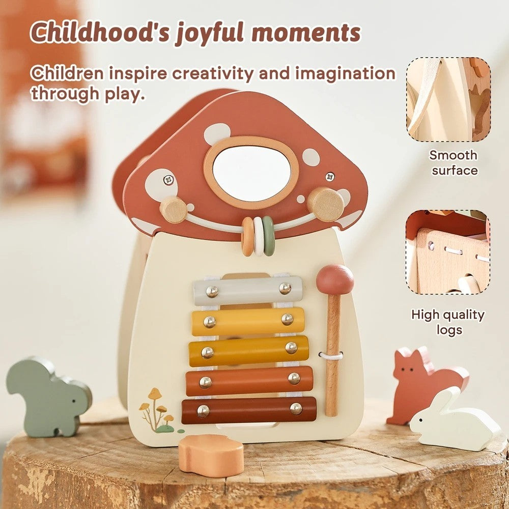 5-in-1 Montessori Mushroom Wooden Musical Toy with Xylophone, Fine Motor Activities, Pull Strap & Whimsical Design, Safe for Ages 1+