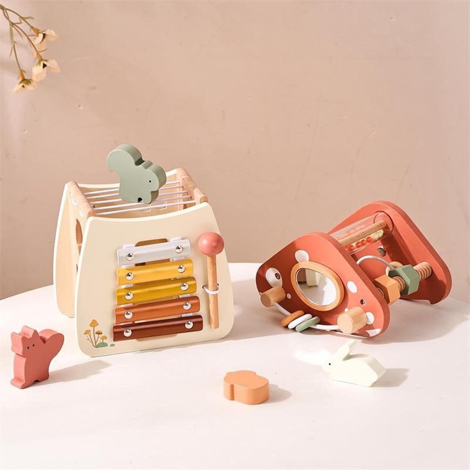 5-in-1 Montessori Mushroom Wooden Musical Toy with Xylophone, Fine Motor Activities, Pull Strap & Whimsical Design, Safe for Ages 1+