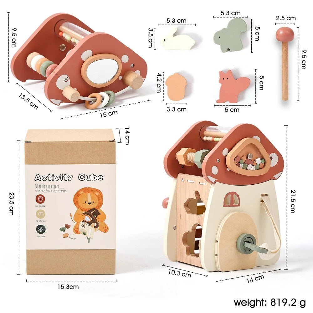 5-in-1 Montessori Mushroom Wooden Musical Toy with Xylophone, Fine Motor Activities, Pull Strap & Whimsical Design, Safe for Ages 1+