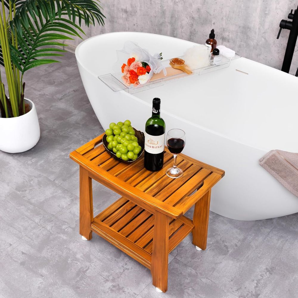 Natural Wood Shower Stool with Built-in Storage