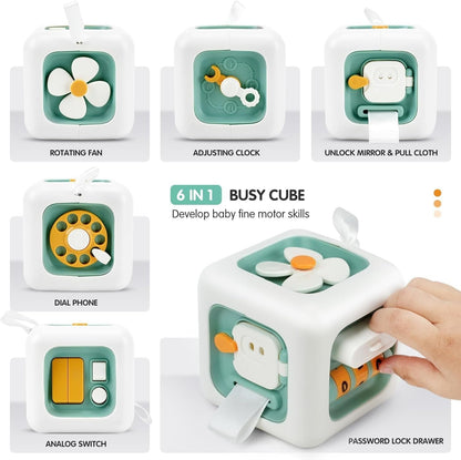 6-in-1 Montessori Busy Board, Cube Educational Toy with Locks, Gears, Switches & Shape Sorter, Safe for Ages 1+