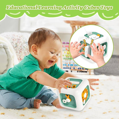 6-in-1 Montessori Busy Board, Cube Educational Toy with Locks, Gears, Switches & Shape Sorter, Safe for Ages 1+