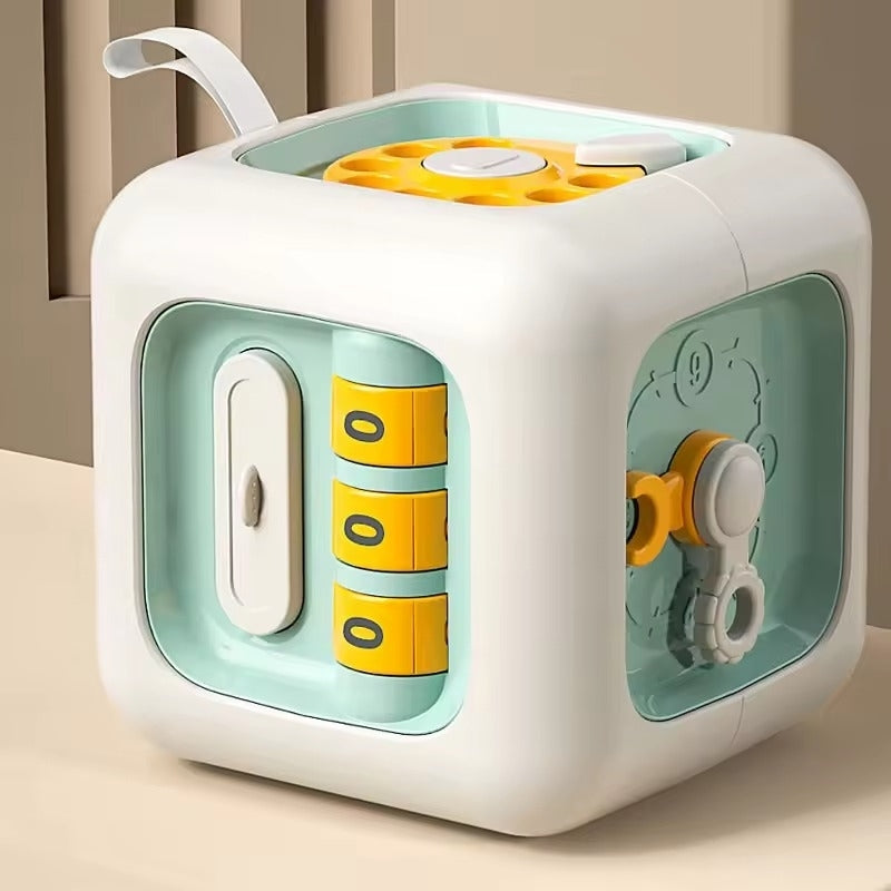 6-in-1 Montessori Busy Board, Cube Educational Toy with Locks, Gears, Switches & Shape Sorter, Safe for Ages 1+
