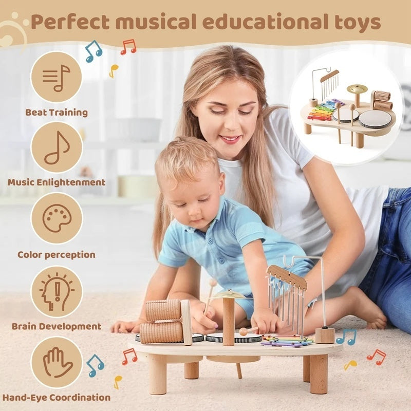 6-in-1 Montessori Wooden Musical Instrument Set - Music Table with Colorful Xylophone, Natural Wood, No Batteries Needed, Safe for Ages 2+