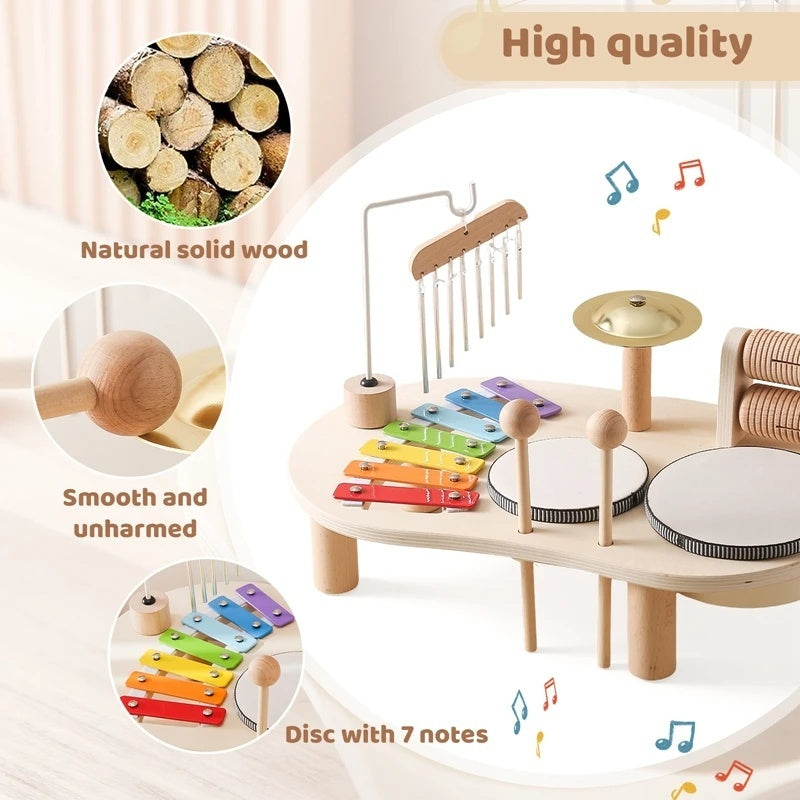 6-in-1 Montessori Wooden Musical Instrument Set - Music Table with Colorful Xylophone, Natural Wood, No Batteries Needed, Safe for Ages 2+