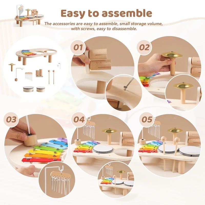 6-in-1 Montessori Wooden Musical Instrument Set - Music Table with Colorful Xylophone, Natural Wood, No Batteries Needed, Safe for Ages 2+