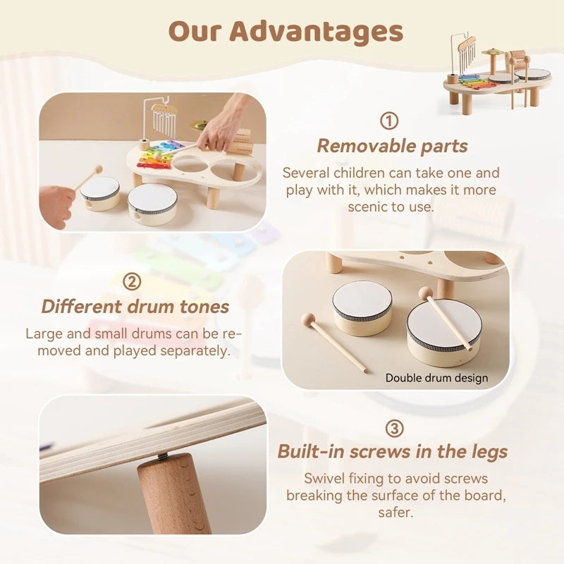 6-in-1 Montessori Wooden Musical Instrument Set - Music Table with Colorful Xylophone, Natural Wood, No Batteries Needed, Safe for Ages 2+
