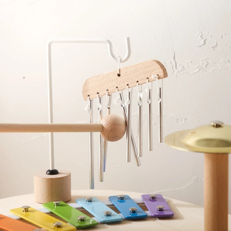 6-in-1 Montessori Wooden Musical Instrument Set - Music Table with Colorful Xylophone, Natural Wood, No Batteries Needed, Safe for Ages 2+