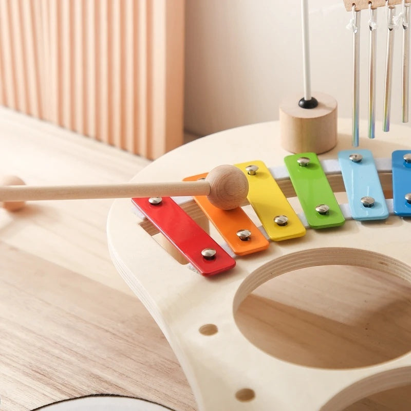 6-in-1 Montessori Wooden Musical Instrument Set - Music Table with Colorful Xylophone, Natural Wood, No Batteries Needed, Safe for Ages 2+
